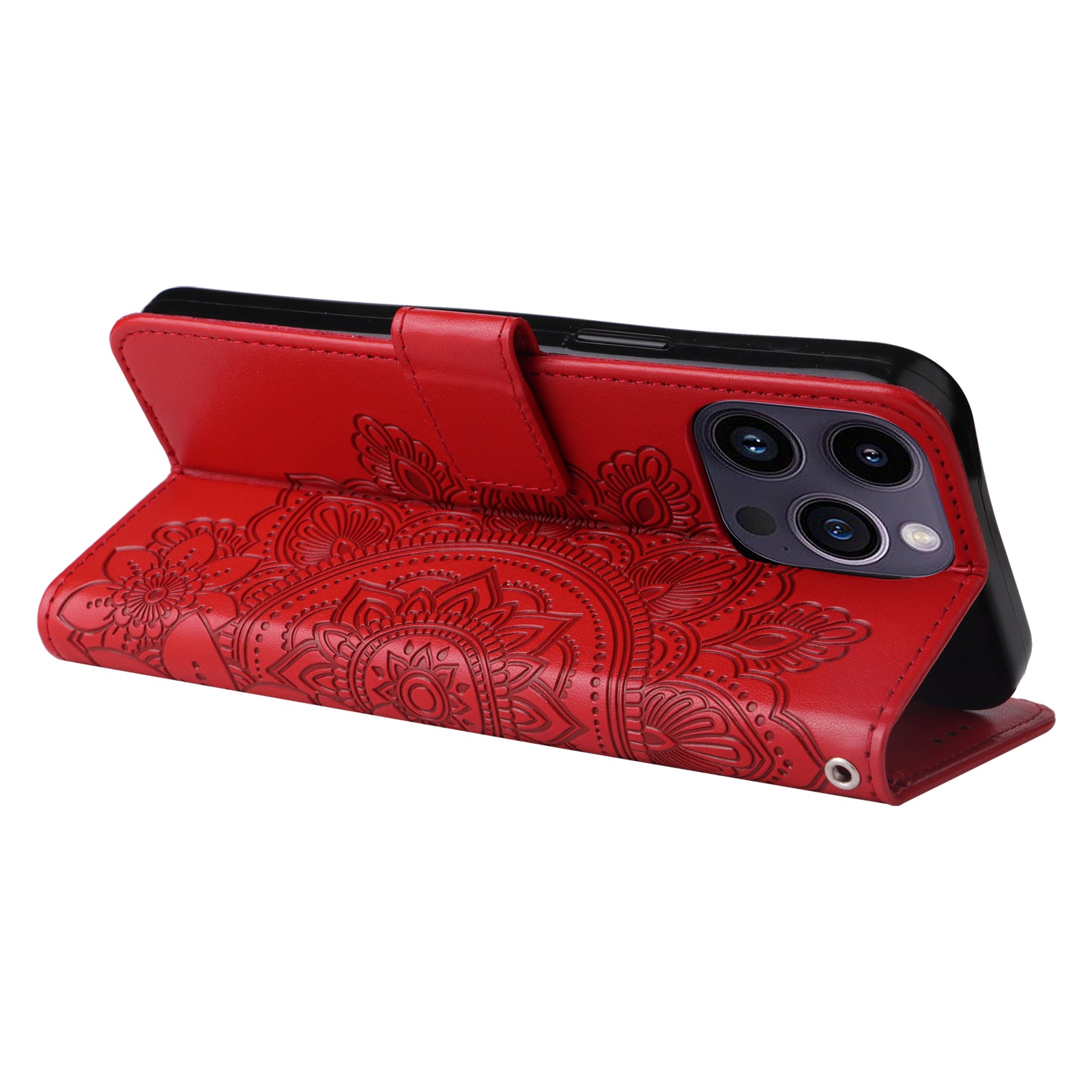 Uniqkart for iPhone 15 Pro Imprinted Flower Pattern Phone Stand Case Wallet Phone Shell PU Leather Cover - Red Uniqkart for iPhone 15 Pro Imprinted Flower Pattern Phone Stand Case Wallet Phone Shell PU Leather Cover - Red